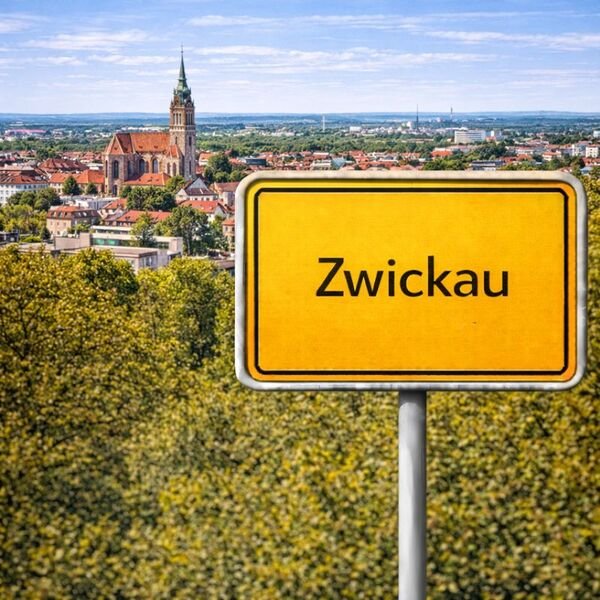 Gelbes Ortsschild Zwickau mit Stadt im Hintergrund