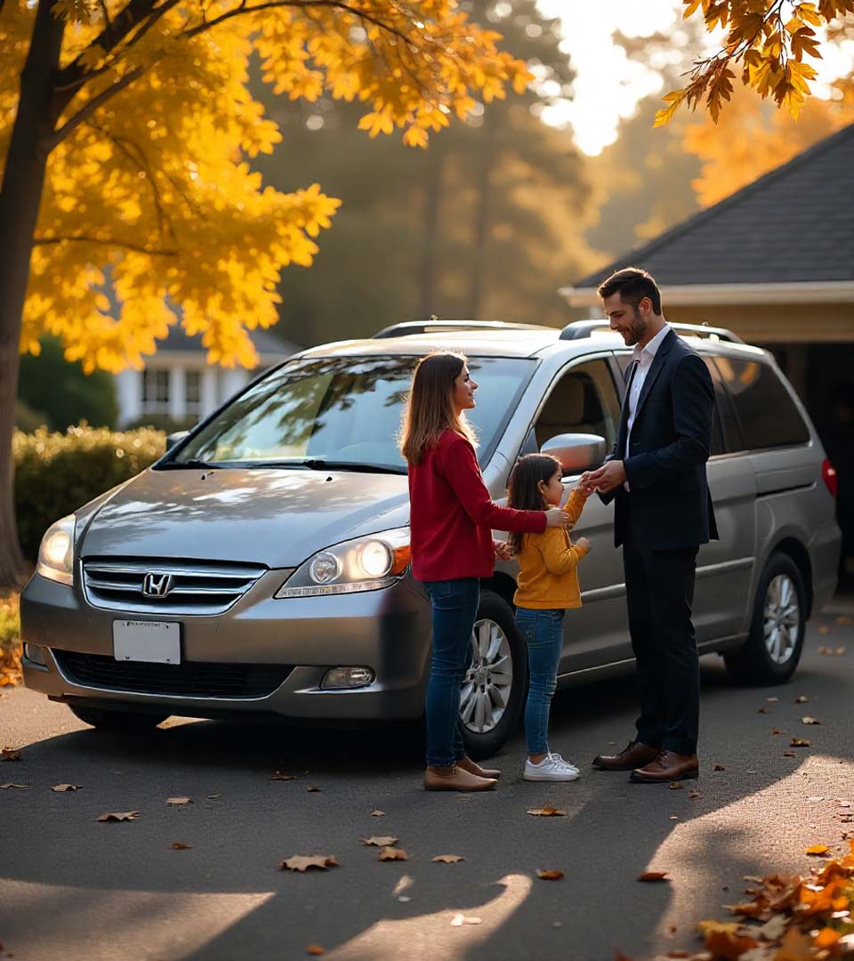 Eine Familie übergibt ein Auto an einen Händler beim Autoankauf Zwickau vor dem Haus